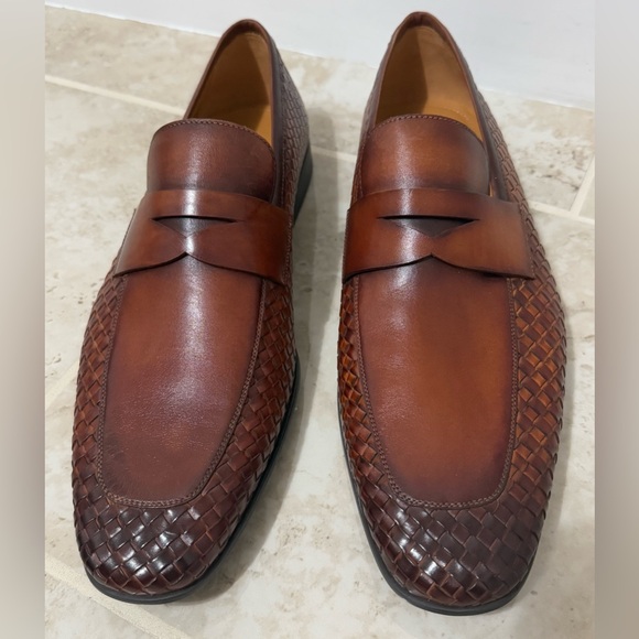 Magnanni Men's Leather Woven Penny Loafers In Cognac Color (Size EU 45/ US 12).